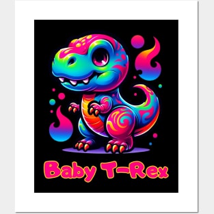 Baby T-Rex Cute Neon Dinosaur Kawaii Chibi Posters and Art